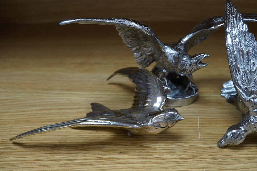 Five chrome plated bird themed car mascots, including a swallow, a partridge, and three eagles. Condition - fair.